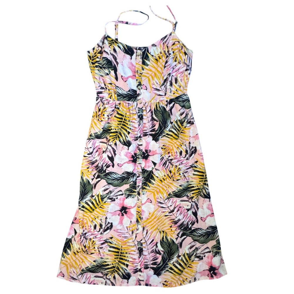 Lascana Tropical Floral Button Front Midi Dress Pink Yellow Palm Leaf Smocked